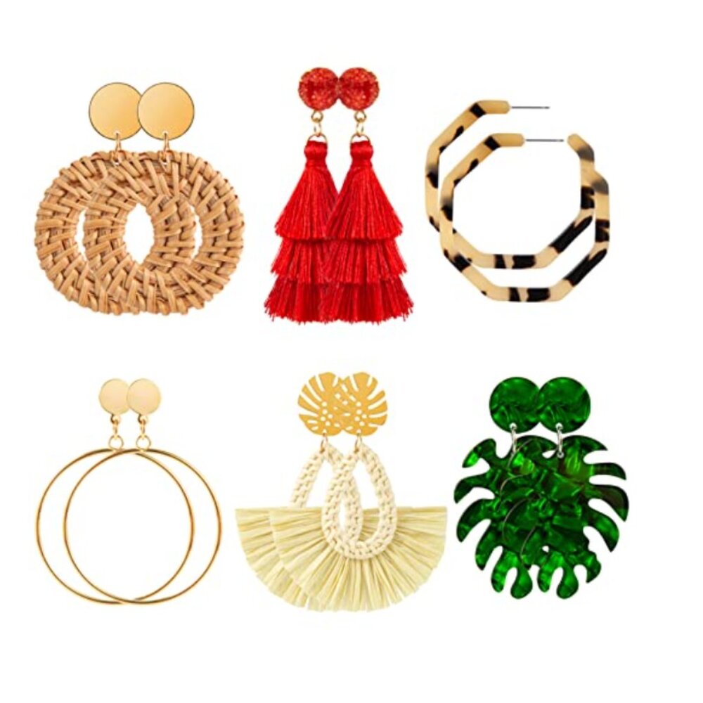 6 Pairs Rattan Earrings – Lightweight Summer Statement Set